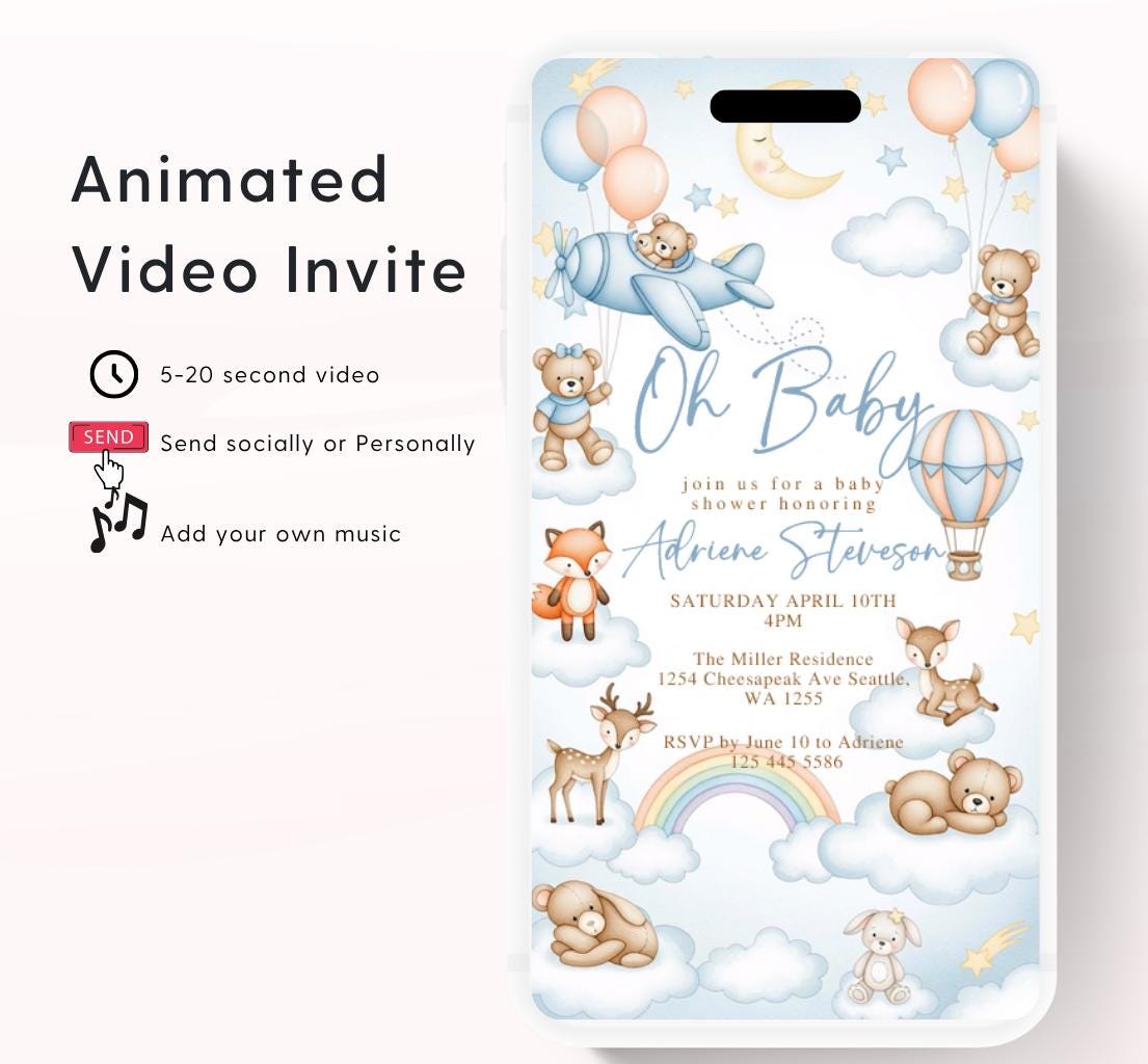 Flying Teddy Bear Baby Shower Invitation We Can Bearly Wait Invite balloon Teddy Bear Template Boy Animated video- 3