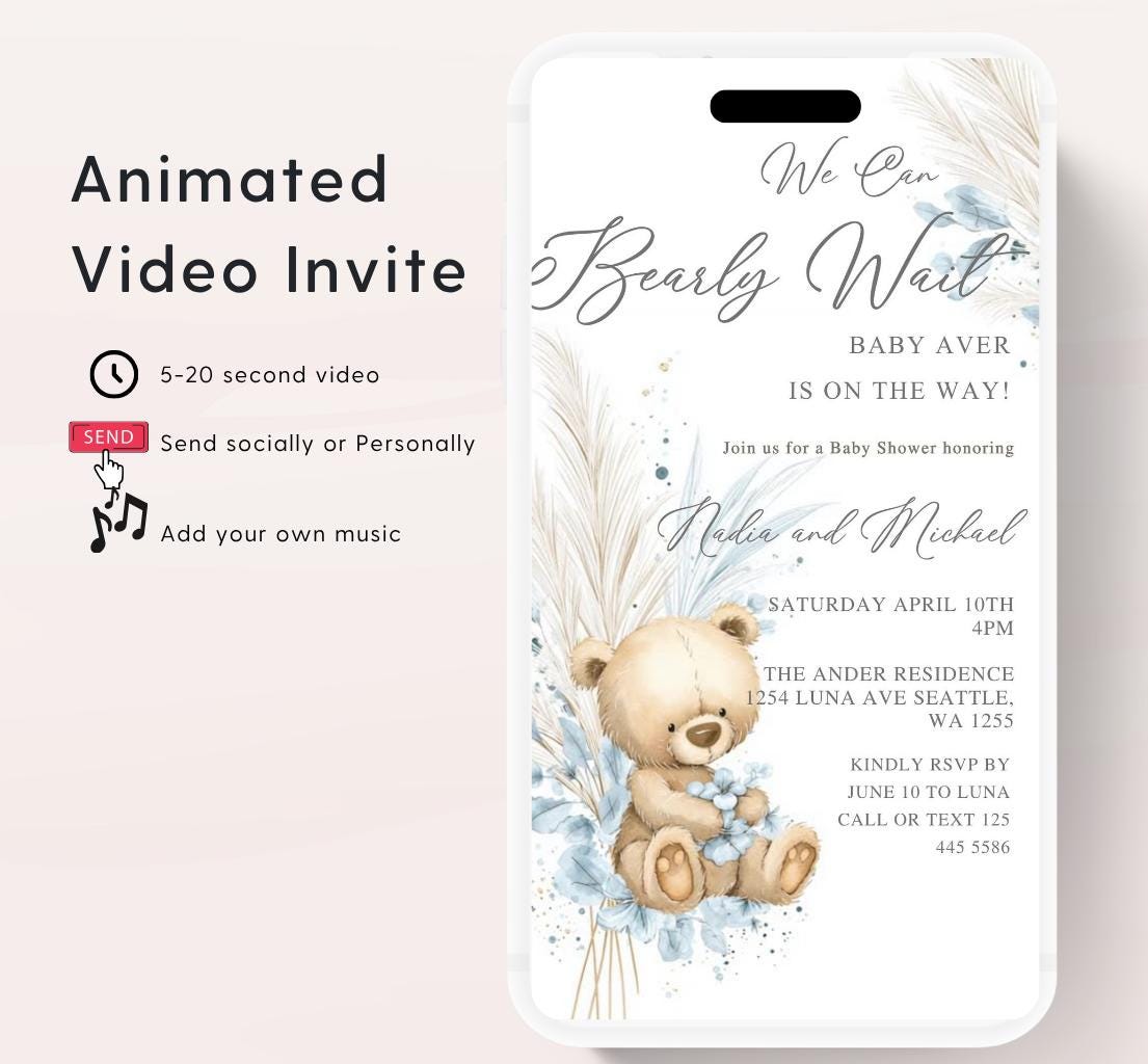 Teddy Bear Baby Shower Invitation We Can Bearly Wait Invite Boho Bohemian Blue Pampas Grass Teddy Bear Template Boy Animated video- 1