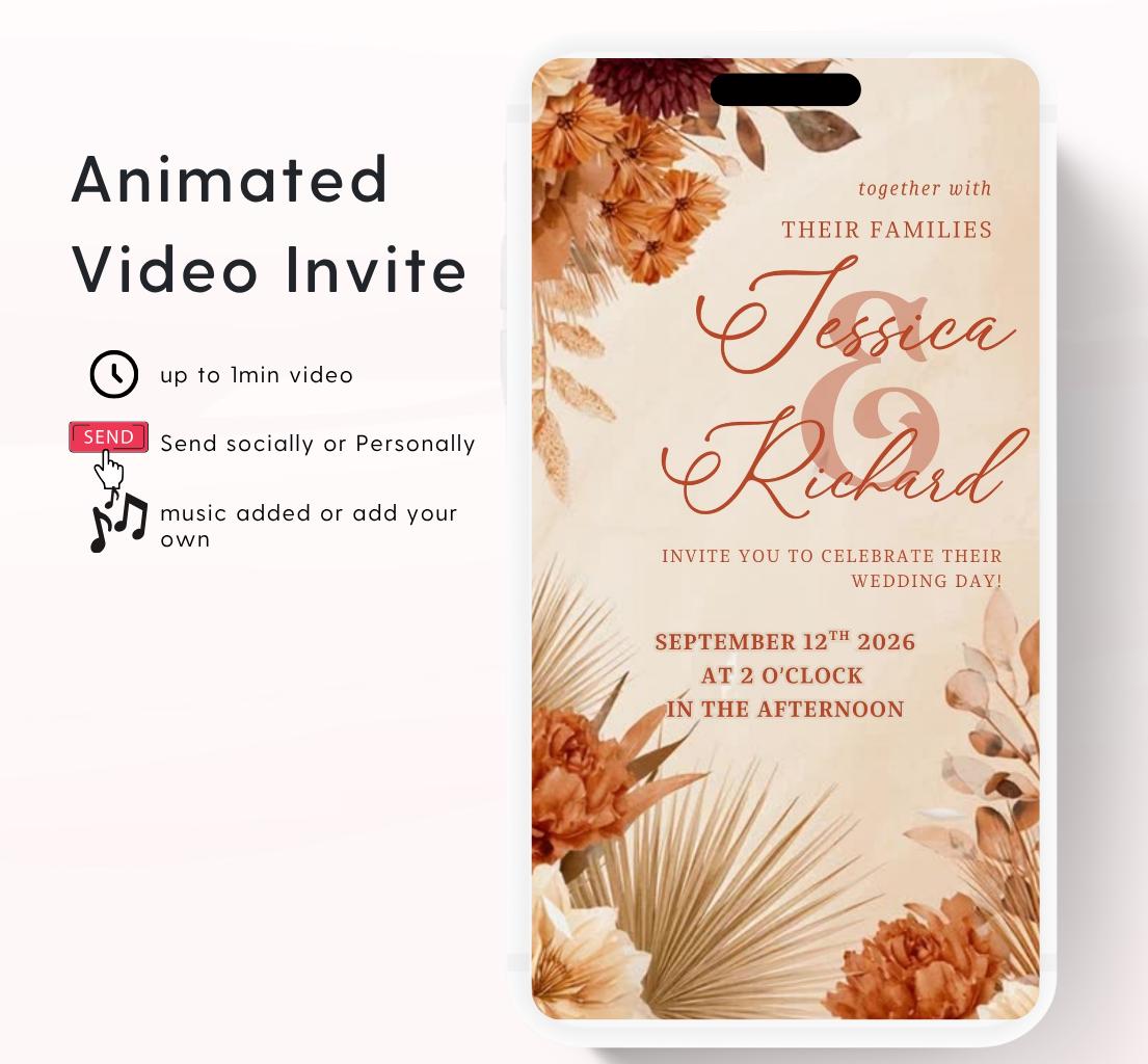 Animated Wedding invitation, Wedding Boho Terracotta Pampas invitation, wedding invitation template, Video Wedding invite, wedding invite-9