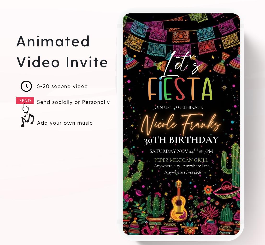 Lets Fiesta Invitation Taco invite, Digital Mexican Theme Birthday Party Invite Latin Celebration Let's Fiesta Cumpleaños Video invitation-1