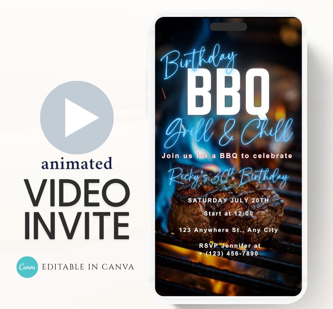 Digital Birthday BBQ Chill and Grill Invitation. Animated Barbeque Party Invite in Neon blue. Birthday invite Video-3
