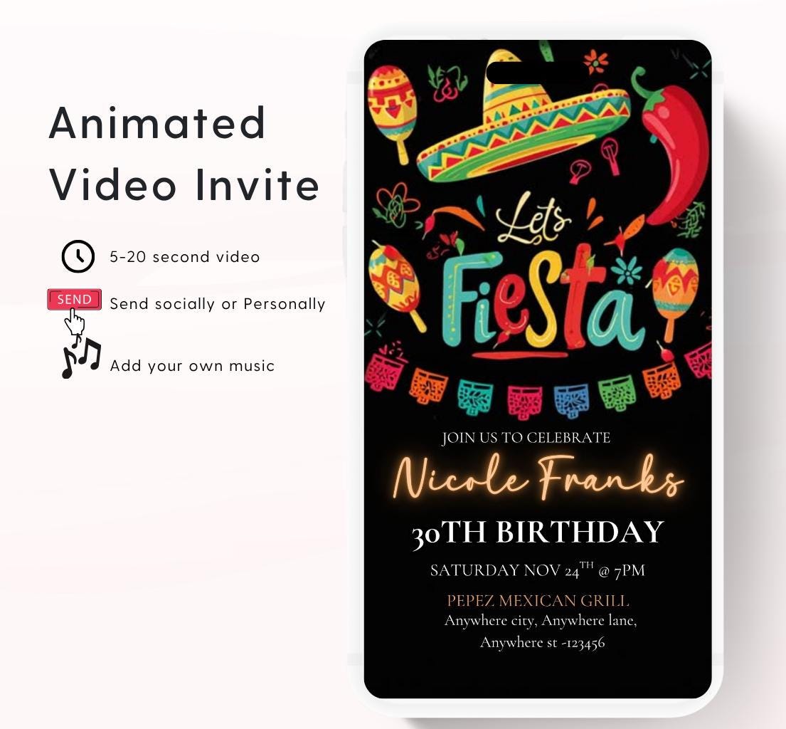 Lets Fiesta Invitation Taco invite, Digital Mexican Theme Birthday Party Invite Latin Celebration Let's Fiesta Cumpleaños Video invitation-2
