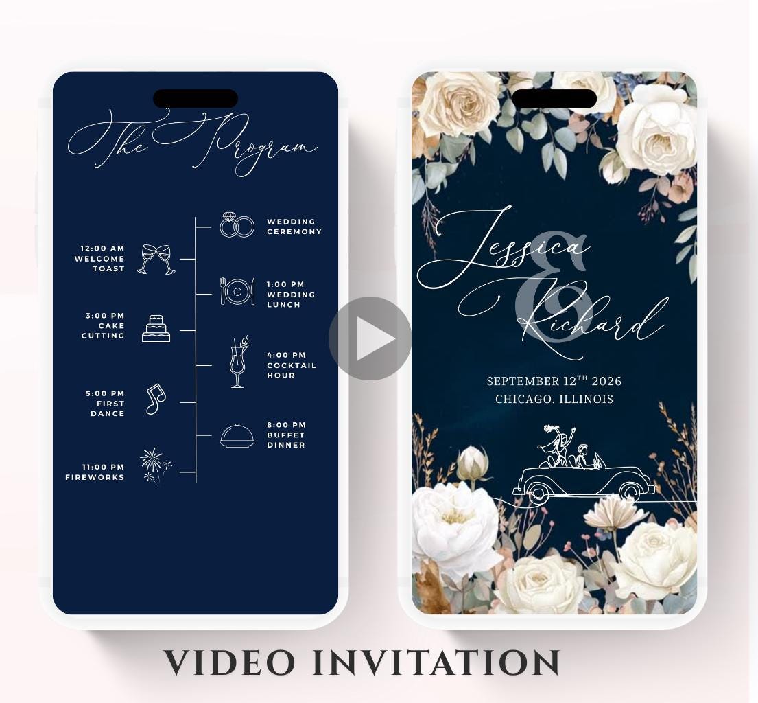 Navy blue and white florals Wedding invitation, Wedding invitation, wedding invitation template, Video Wedding invite, wedding invite-13