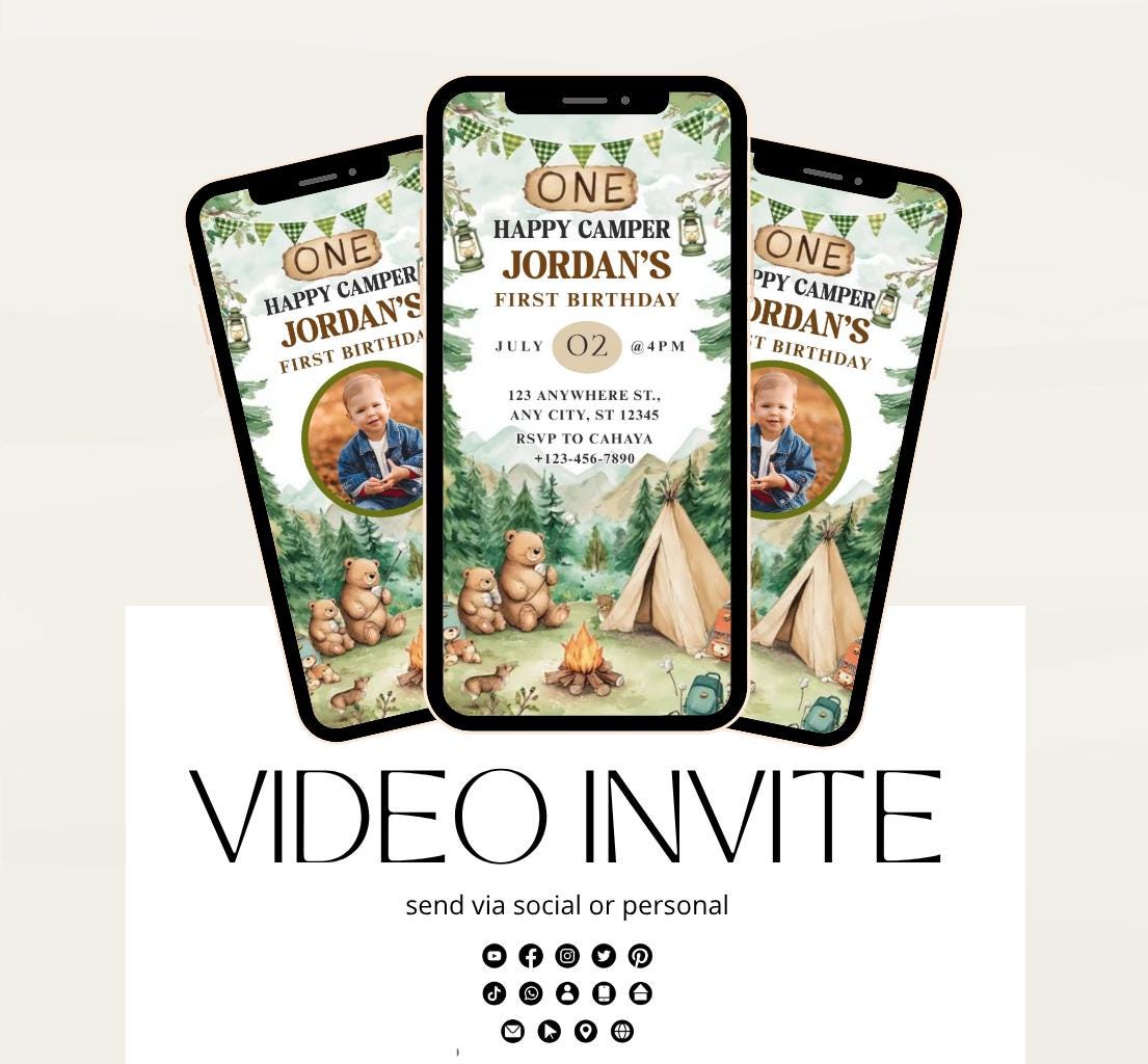 One Happy Camper Birthday Invitation, Boy First Birthday, Boy Happy camper Invitation, Camping 1st Birthday, Canva Video Invitation