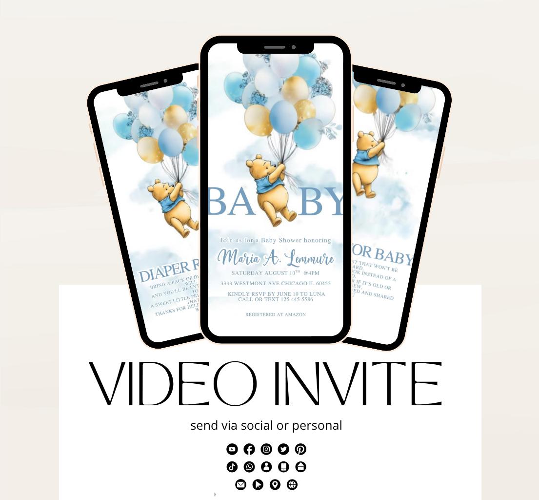 Winnie The Pooh Invitation, Boy Winnie The Pooh Baby Shower Invitations, Winnie The Pooh Invitations Video invitation, Winnie baby shower-6