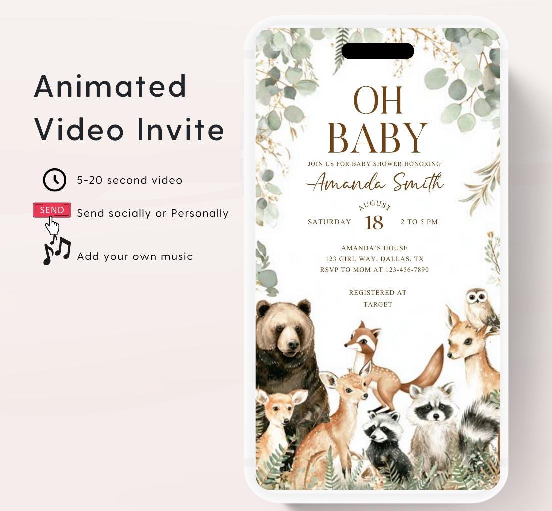 Animated Woodland Baby Shower Invitation, Boy Woodland Baby Shower Invite, Woodland Animals Baby Shower, Greenery Boho invitation Woodland-5