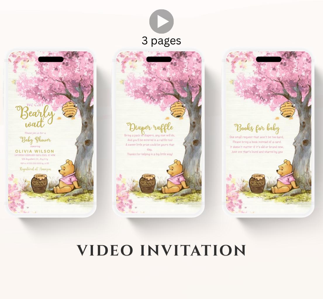 Pink Winnie Tree Invitation, Winnie The Pooh Baby Shower Invitations, Winnie The Pooh Invitations Video invitation, Winnie baby shower-24