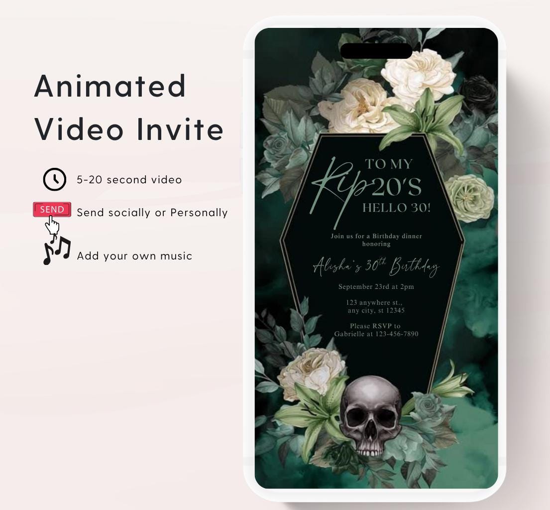 Animated 30th Evite Birthday for Adult Invite, Modern 30th Birthday Invite, Digital Animated Rip 20's Digital Halloween 30th Birthday-15