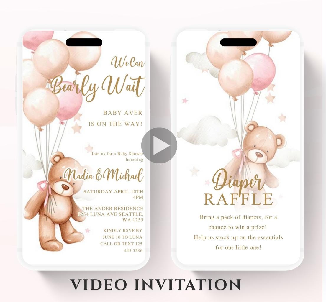 Teddy Bear Baby Shower Invitation We Can Bearly Wait Invite balloon Teddy Bear Template girl Animated video- 2