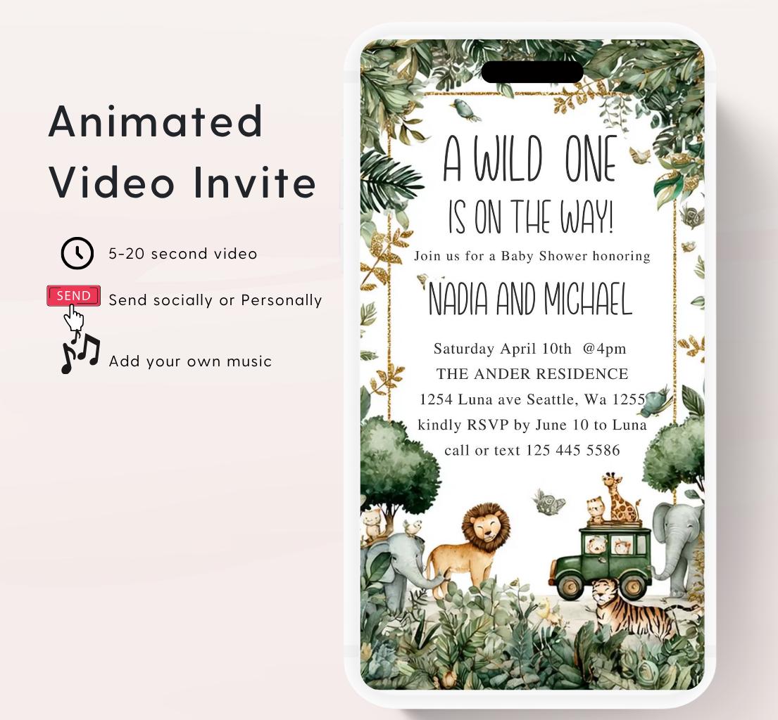 Safari Baby Shower Invitation, A little Wild One is on the Way Invite, Jungle Baby Shower Invitation, Zoo Animal Animated-3