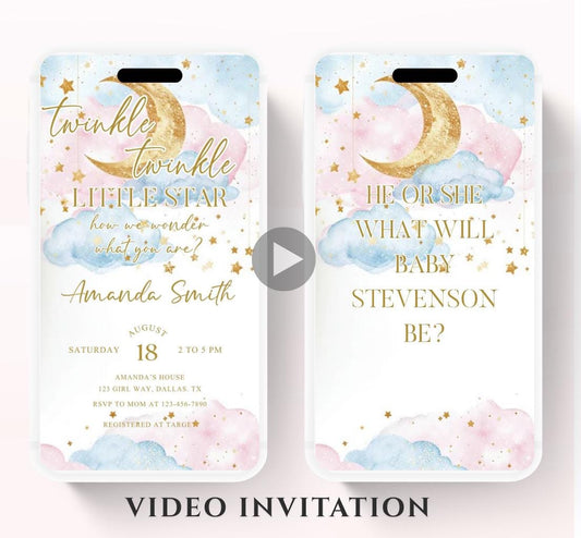 Twinkle Twinkle Little Star Gender Reveal Invitation, Pink and Blue Moon Stars Clouds Invitation, He Or She, Boy Or Girl Video Invite-1