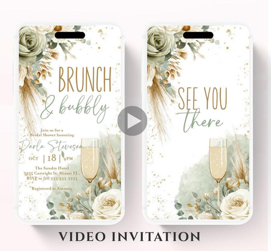 Brunch and Bubbly Bridal Shower Invitation Video, Champagne Shower Invite, Boho sage green Bridal Shower Invitation, Brunch Invite-3