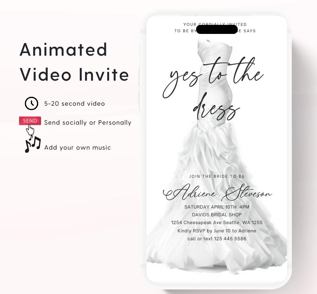 Wedding Dress Shopping mobile editable invitation, Video bridal party invite, Say yes to the dress Dress shopping invite-1