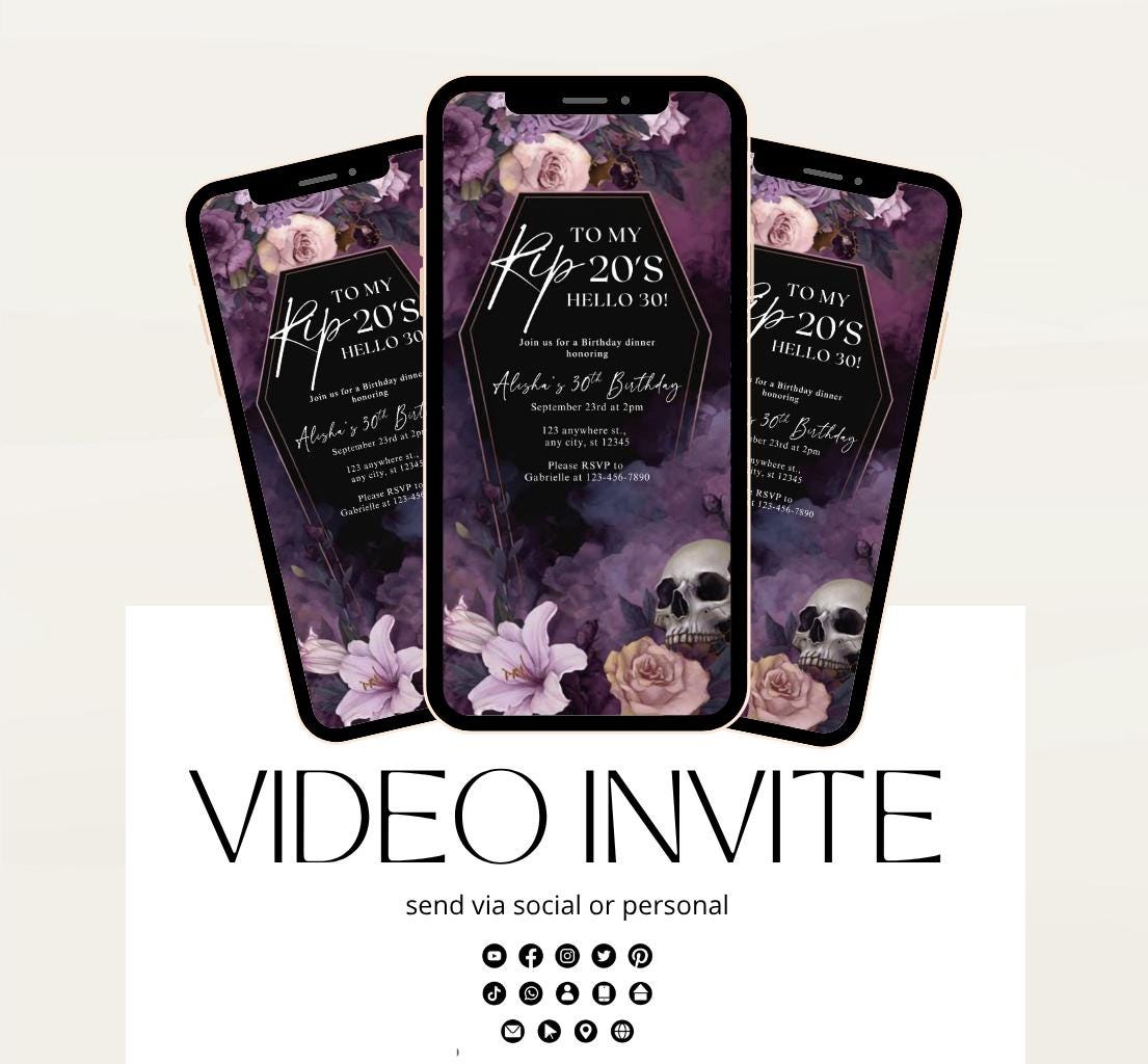 Animated 30th Evite Birthday for Adult Invite, Modern 30th Birthday Invite, Digital Animated Rip 20's Digital Halloween 30th Birthday-17