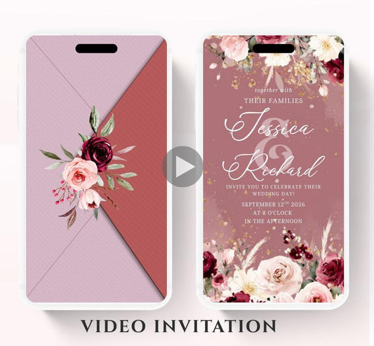 Pink and Burgundy flowers Wedding invitation, Wedding invitation, wedding invitation template, Video Wedding invite, wedding invite-7