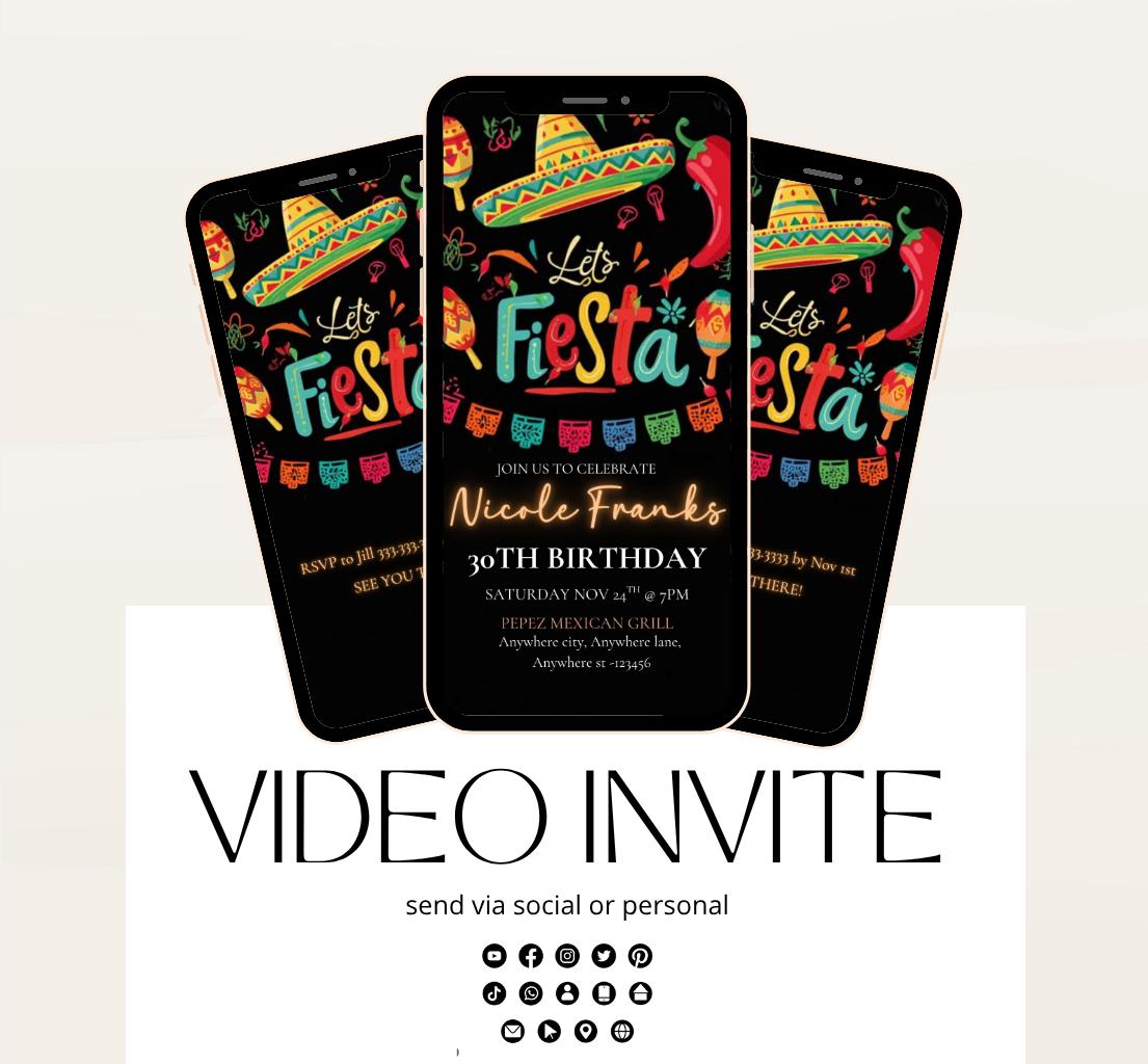Lets Fiesta Invitation Taco invite, Digital Mexican Theme Birthday Party Invite Latin Celebration Let's Fiesta Cumpleaños Video invitation-2