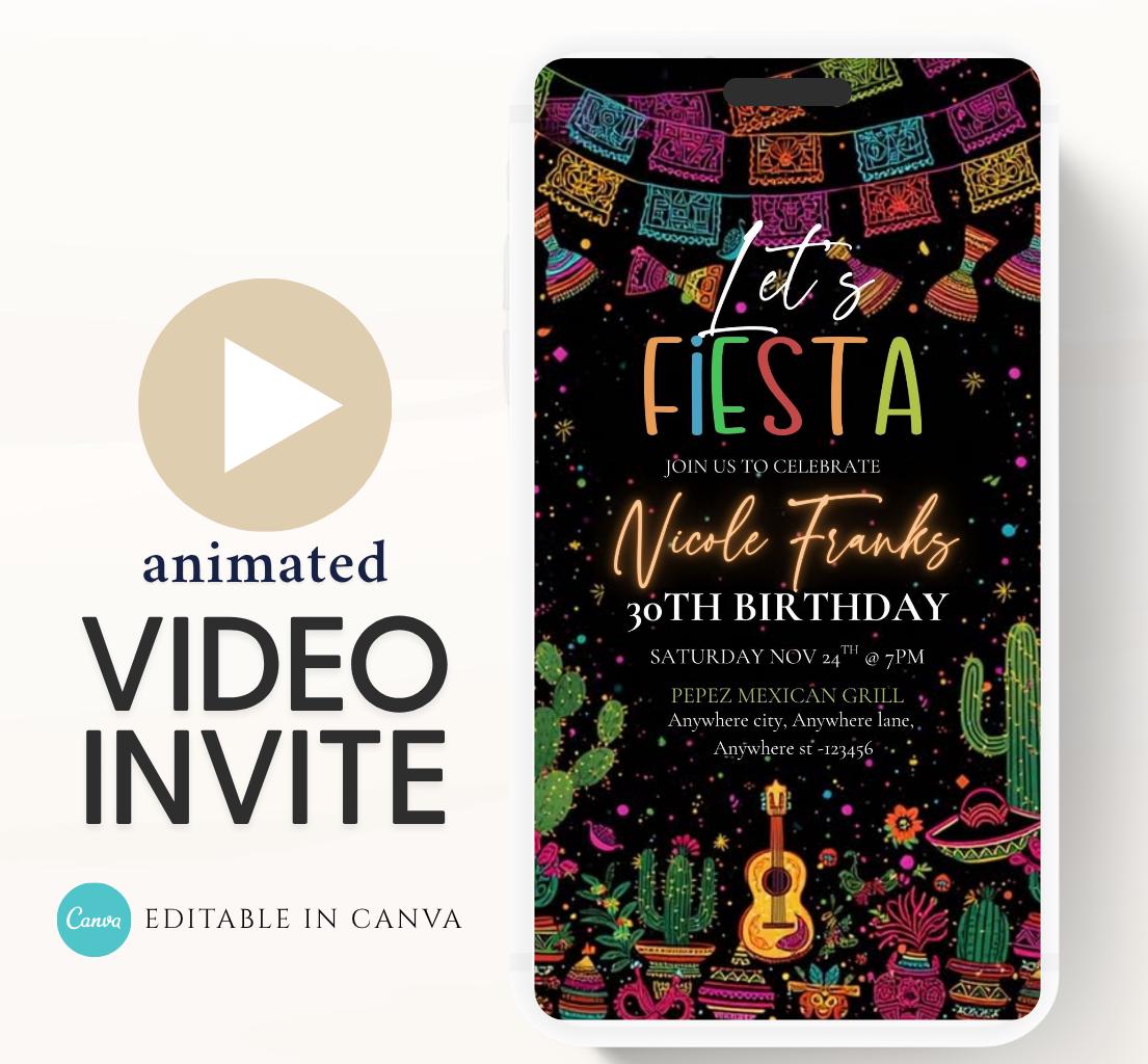 Lets Fiesta Invitation Taco invite, Digital Mexican Theme Birthday Party Invite Latin Celebration Let's Fiesta Cumpleaños Video invitation-1