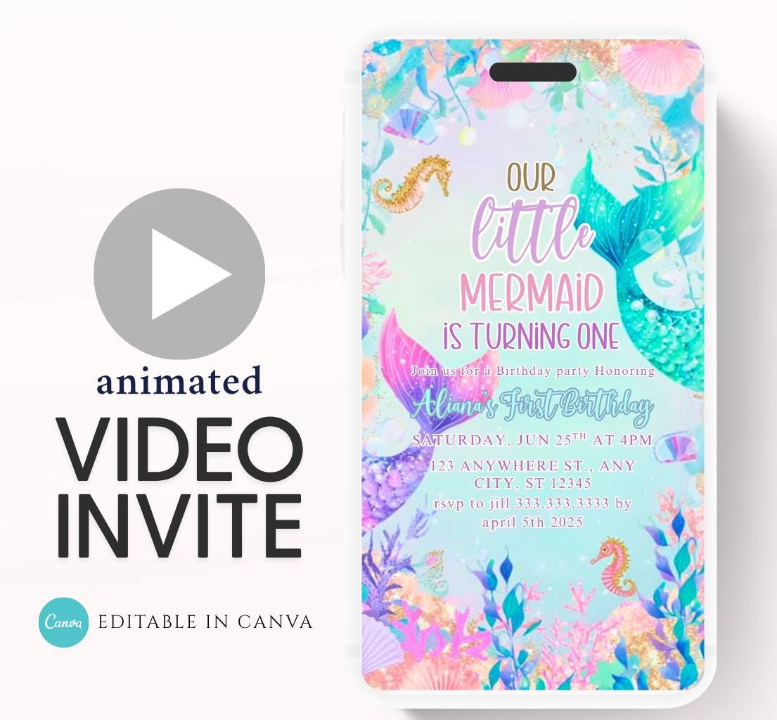 Mermaid Birthday Invitation, Mermaid Invite, Under the Sea Birthday Party, Glitter Birthday, Pink Birthday, Mermaid Party Video invitation-1