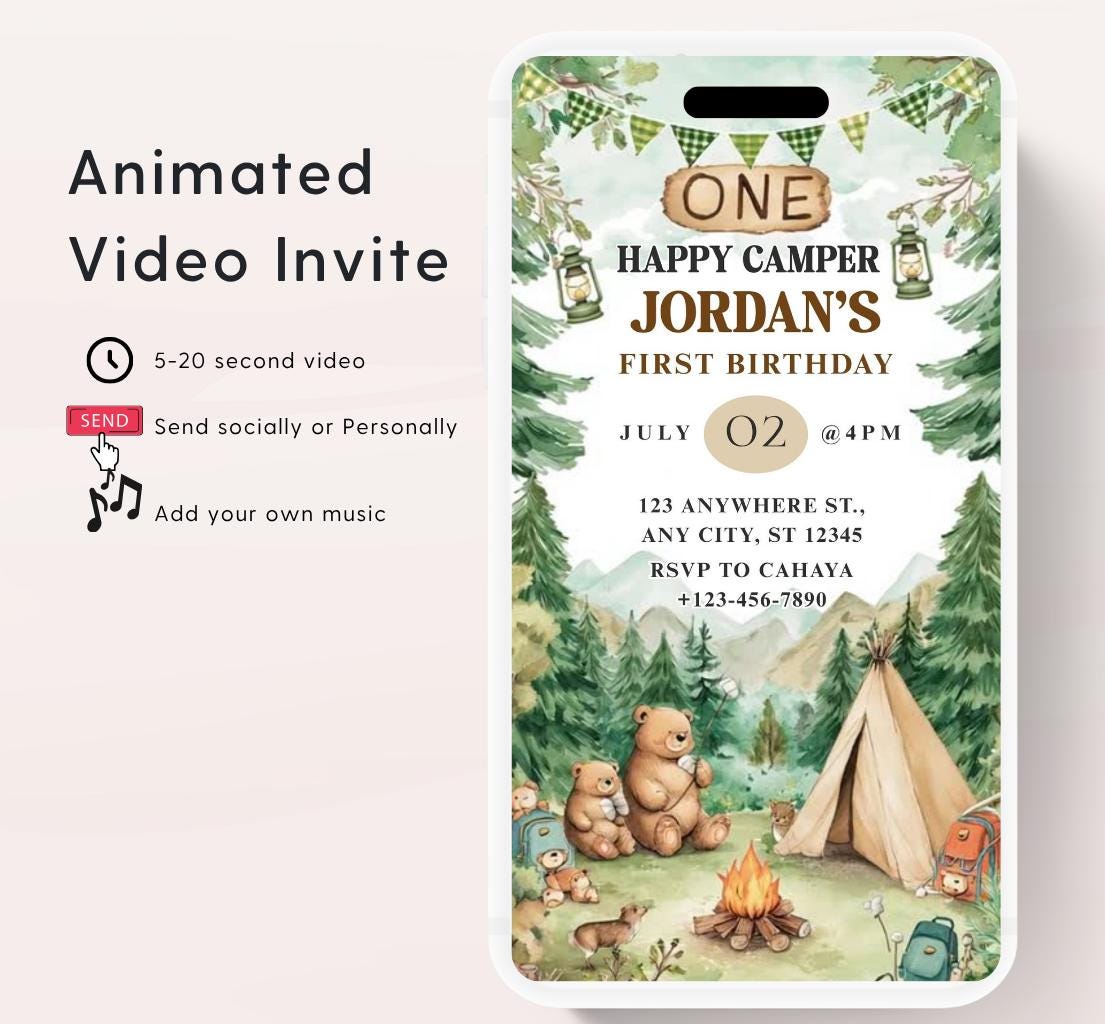 One Happy Camper Birthday Invitation, Boy First Birthday, Boy Happy camper Invitation, Camping 1st Birthday, Canva Video Invitation