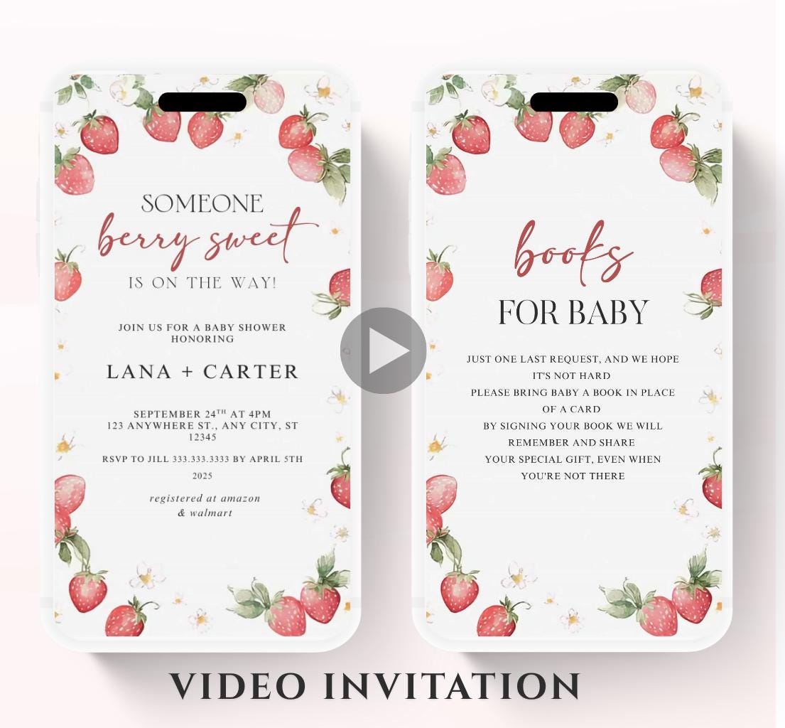 Animated Berry Baby Shower Invitation , Berry Sweet Invite Baby Shower Strawberries berries Minimal Girl Baby Shower Blush Pink Strawberry-1