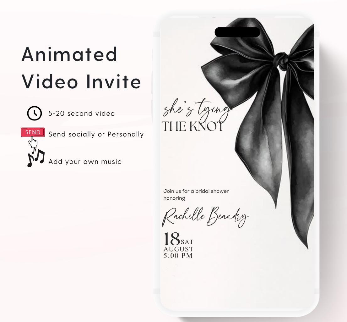 She's Tying the Knot Bridal Shower Invitation Template,Video Black Bow Bridal Shower Invite,Ribbon WeddingShower,BacheloretteParty Invite-1