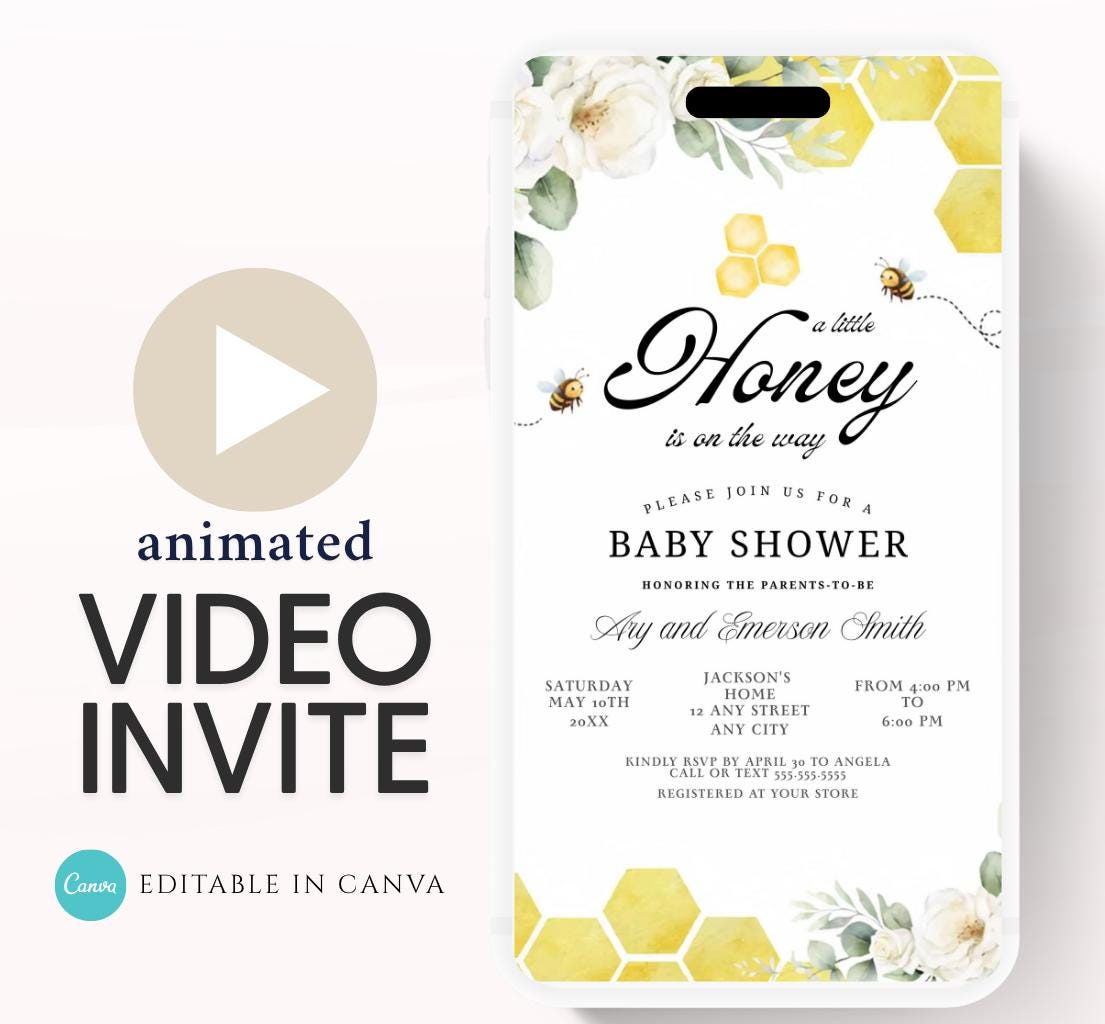 A Little Honey Is On The Way Invitation, Gender Neutral Baby Shower Invite, Bee Baby Shower Invitation, Editable Animated , 1