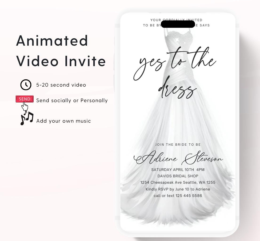 Wedding Dress Shopping mobile editable invitation, Video bridal party invite, Say yes to the dress Dress shopping invite-2
