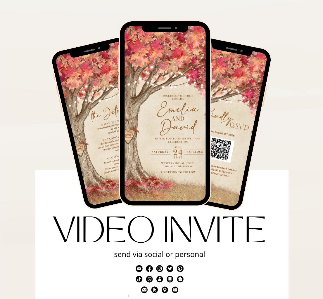 Pink Fall Love Tree Autumn Wedding invitation, Wedding invitation, wedding invitation template, Video Wedding invite, wedding invite-19