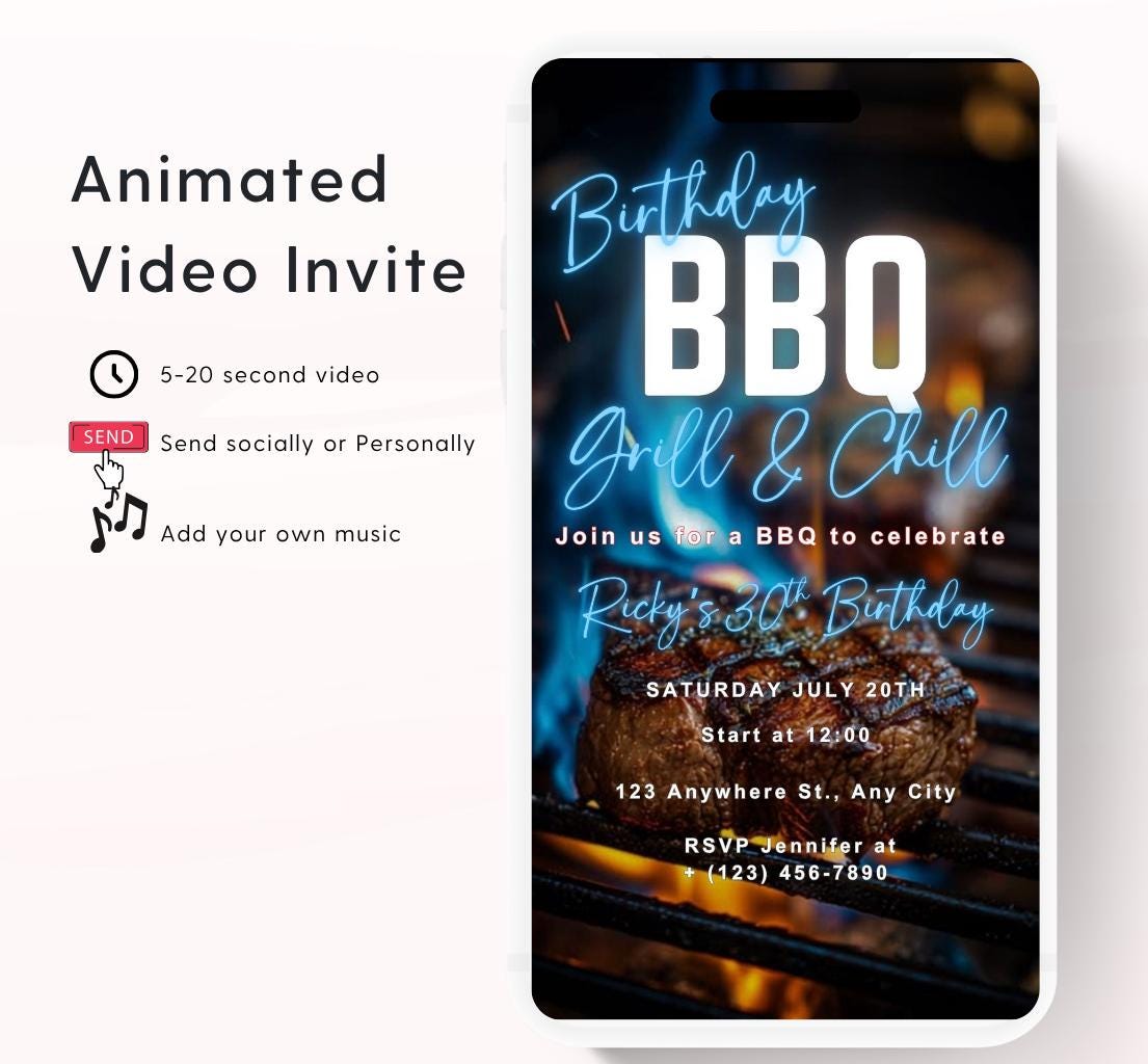 Digital Birthday BBQ Chill and Grill Invitation. Animated Barbeque Party Invite in Neon blue. Birthday invite Video-3