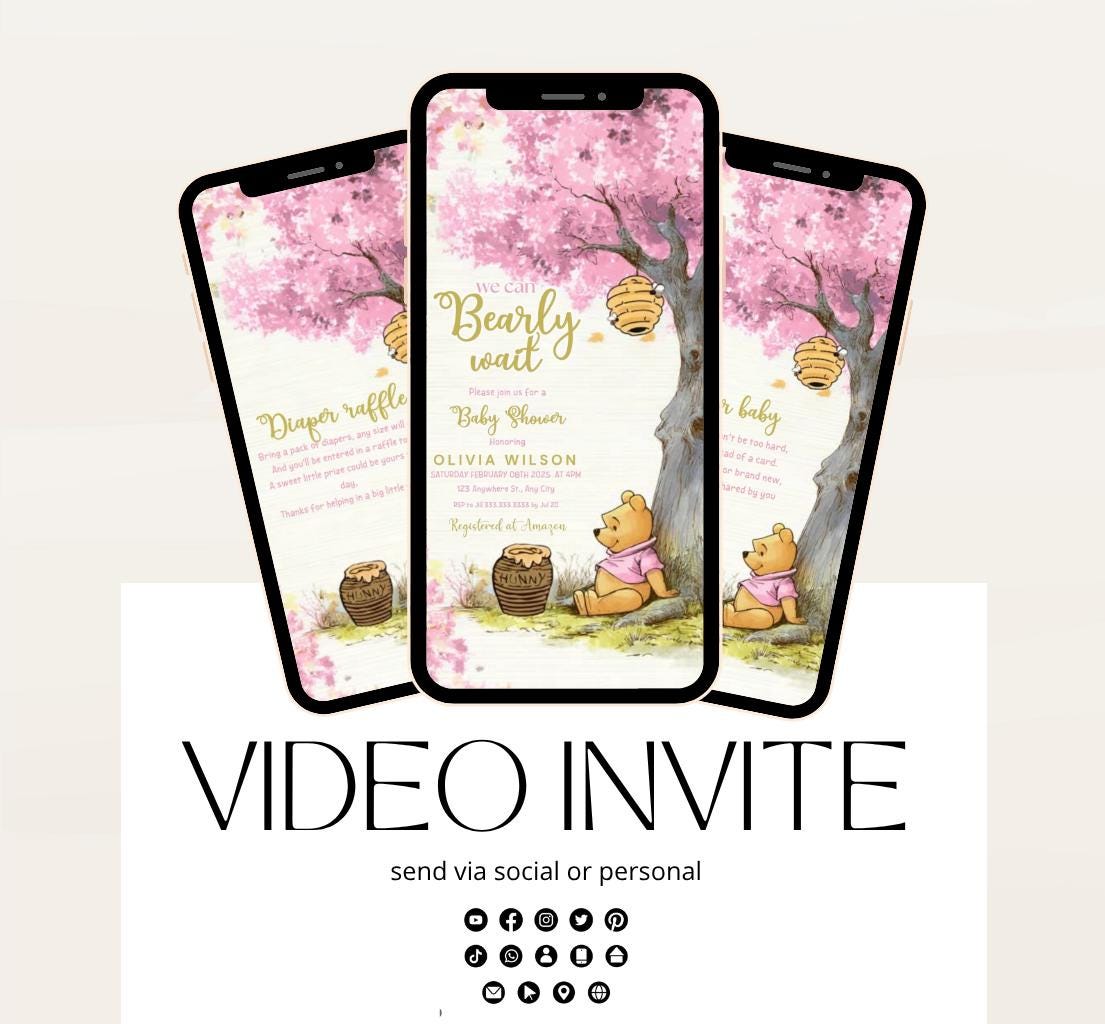 Pink Winnie Tree Invitation, Winnie The Pooh Baby Shower Invitations, Winnie The Pooh Invitations Video invitation, Winnie baby shower-24