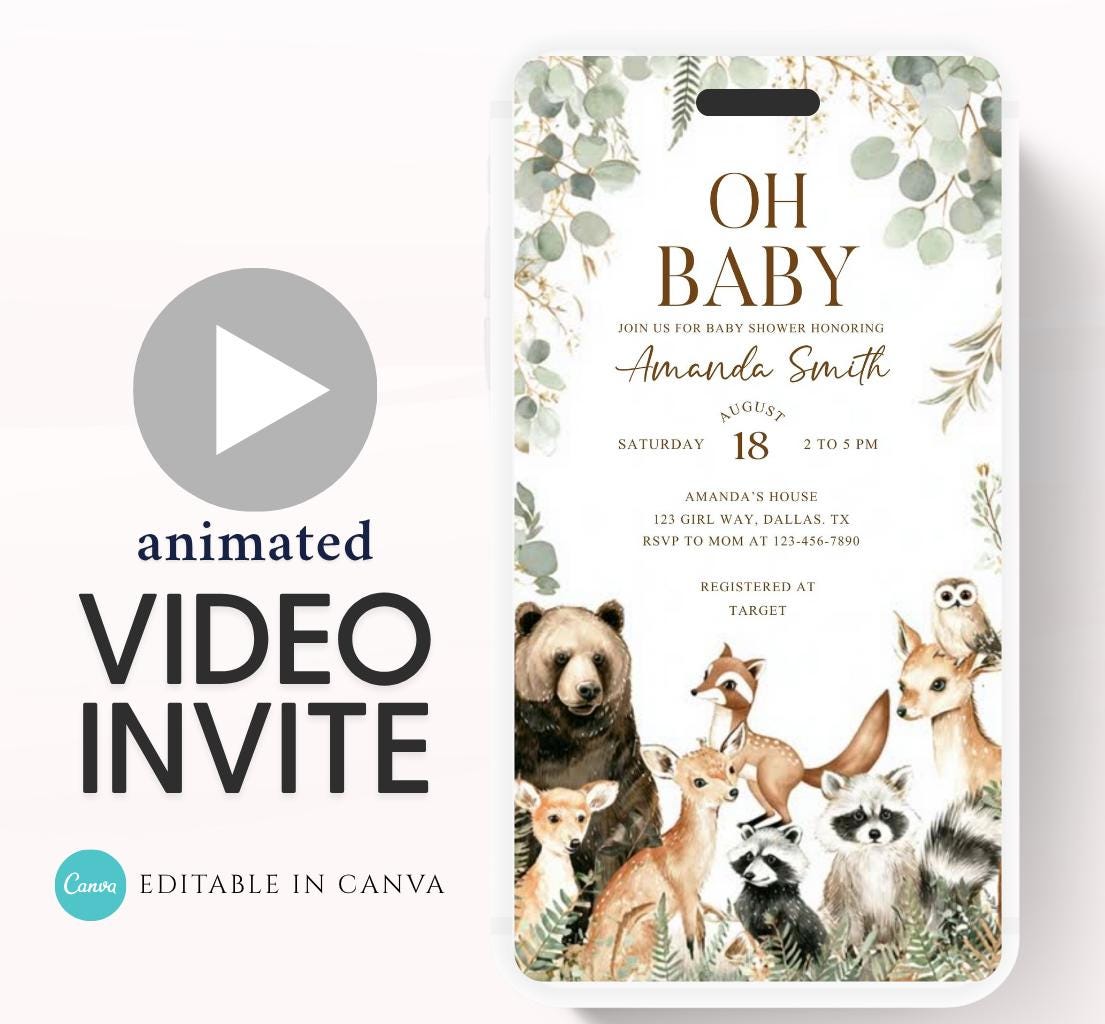 Animated Woodland Baby Shower Invitation, Boy Woodland Baby Shower Invite, Woodland Animals Baby Shower, Greenery Boho invitation Woodland-5