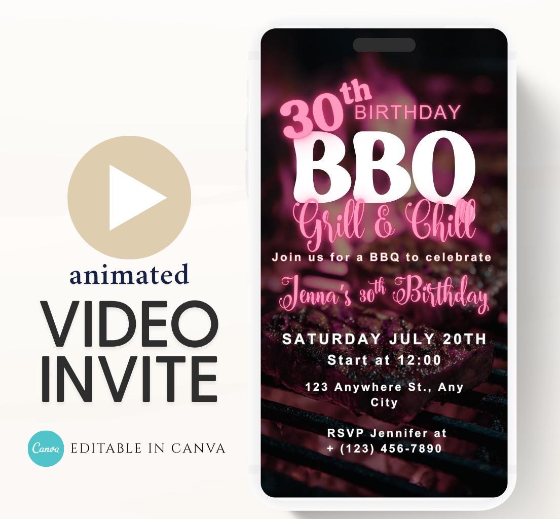Digital Birthday BBQ Chill and Grill Invitation. Animated Barbeque Party Invite in Neon Pink. Birthday invite Video-1