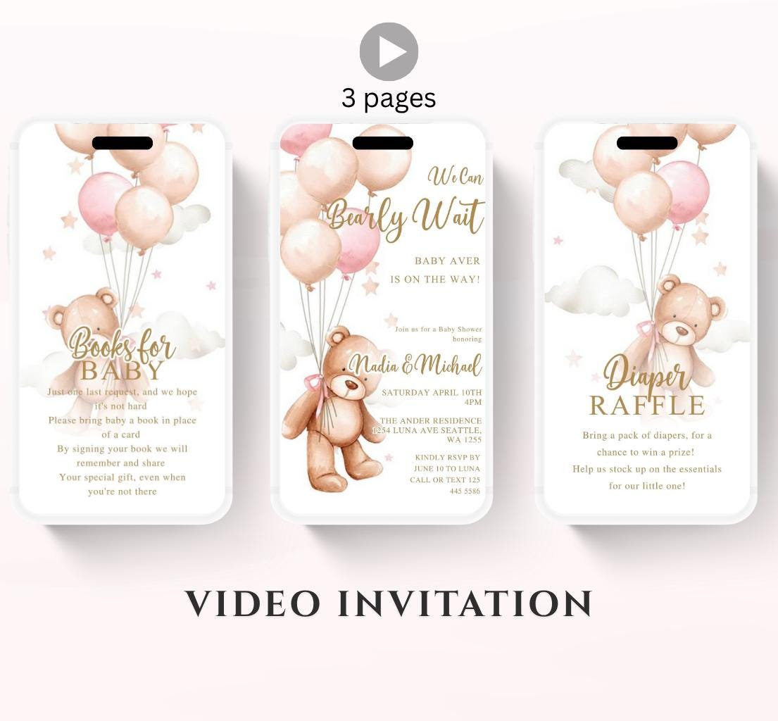 Teddy Bear Baby Shower Invitation We Can Bearly Wait Invite balloon Teddy Bear Template girl Animated video- 2