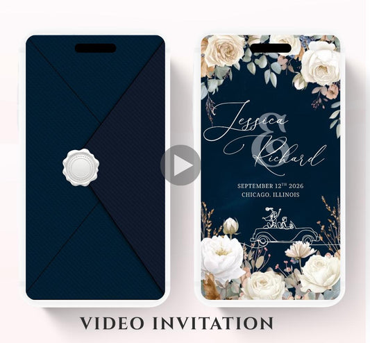 Navy blue and white florals Wedding invitation, Wedding invitation, wedding invitation template, Video Wedding invite, wedding invite-13