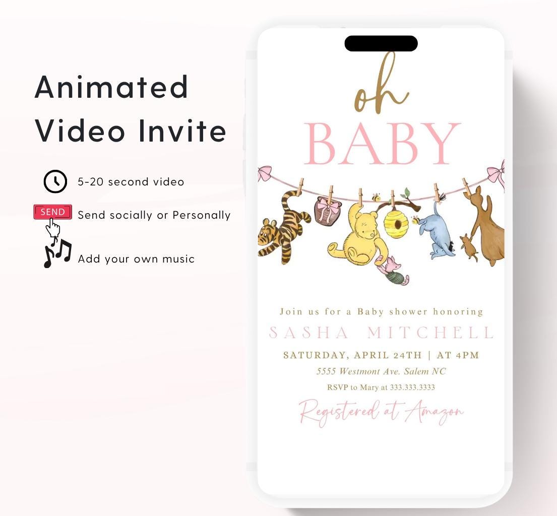 Winnie The Pooh Invitation, Winnie The Pooh Baby Shower Invitations, Winnie The Pooh Invitations Video invitation, Winnie baby shower-8