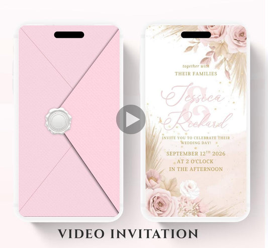 Pink and blush boho florals Wedding invitation, Wedding invitation, wedding invitation template, Video Wedding invite, wedding invite-12