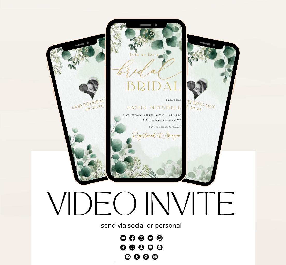Greenery Bridal Shower Invitation, Video Eucalyptus Bridal Shower Invite, Editable Canva Greenery Bridal Shower-2