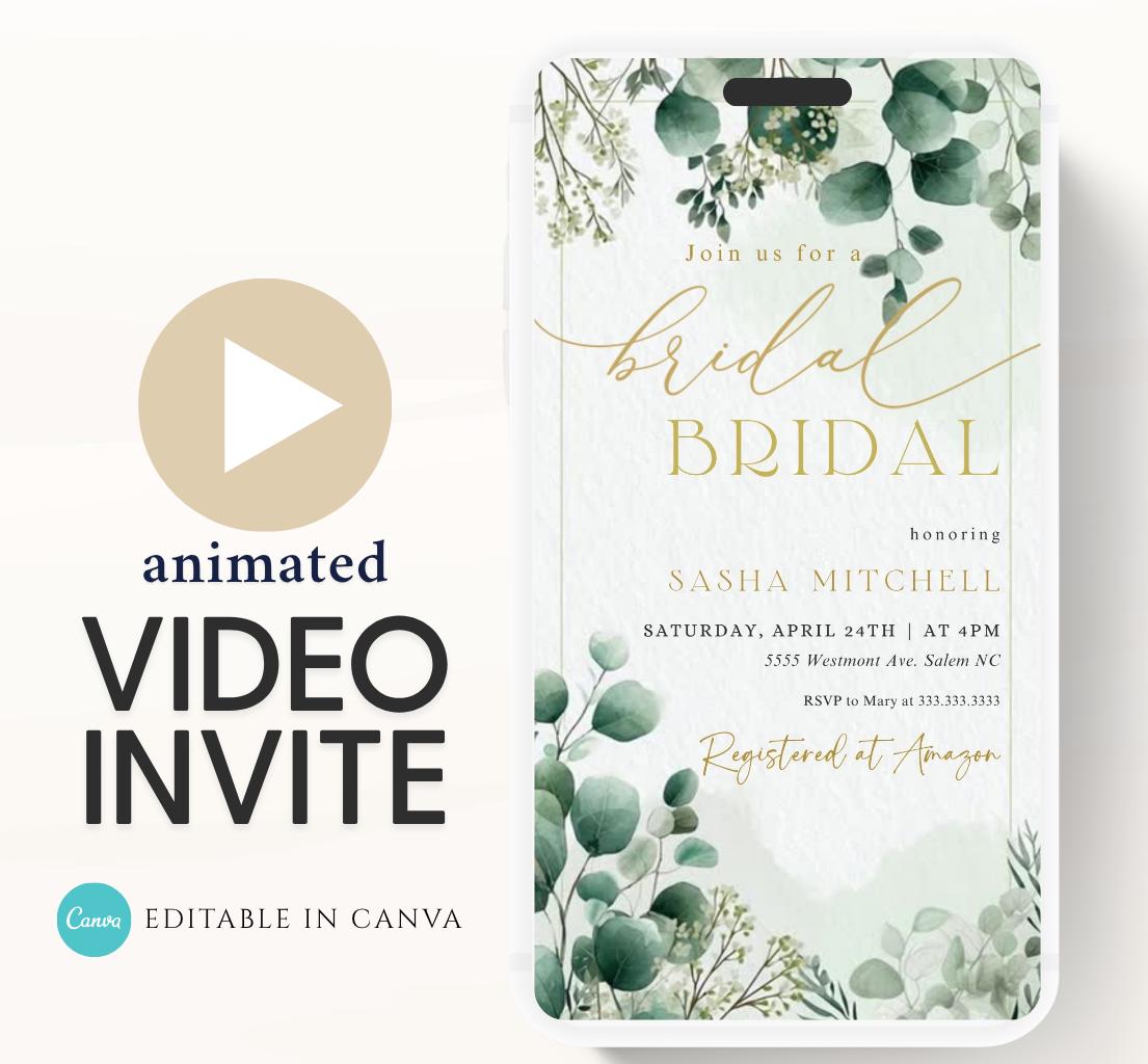 Greenery Bridal Shower Invitation, Video Eucalyptus Bridal Shower Invite, Editable Canva Greenery Bridal Shower-2