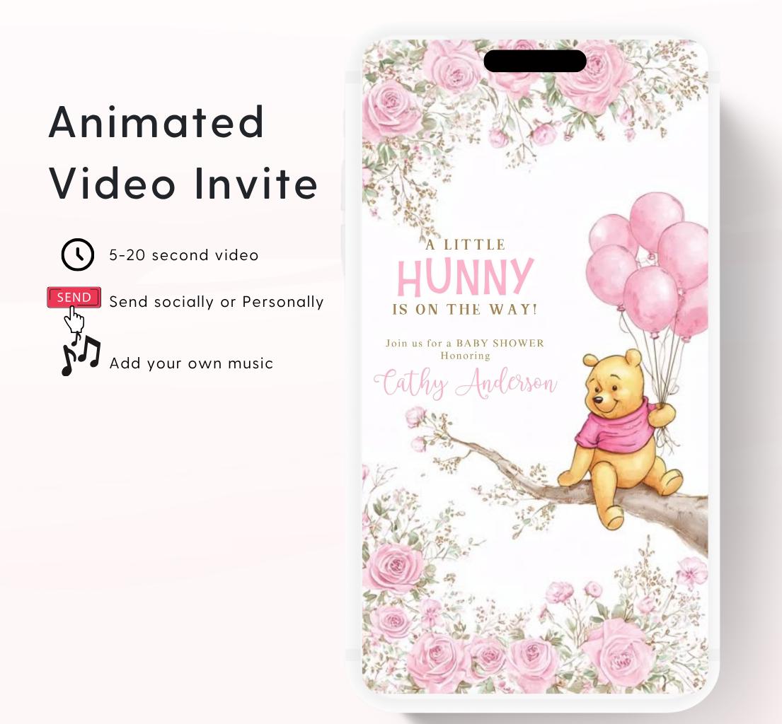 Pink Winnie shower Invitation, Winnie The Pooh Baby Shower Invitations, Winnie The Pooh Invitations Video invitation, Winnie baby shower-18