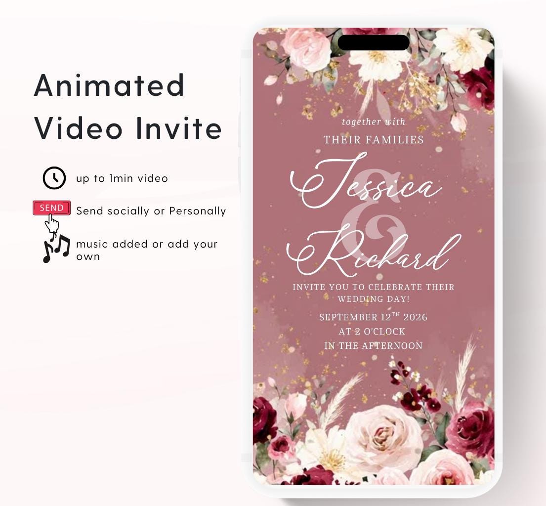 Pink and Burgundy flowers Wedding invitation, Wedding invitation, wedding invitation template, Video Wedding invite, wedding invite-7