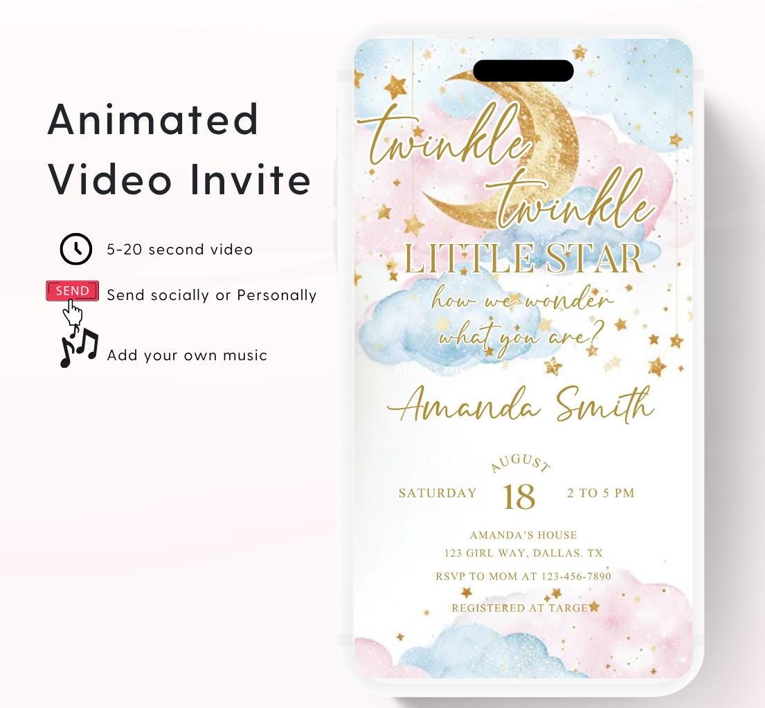 Twinkle Twinkle Little Star Gender Reveal Invitation, Pink and Blue Moon Stars Clouds Invitation, He Or She, Boy Or Girl Video Invite-1