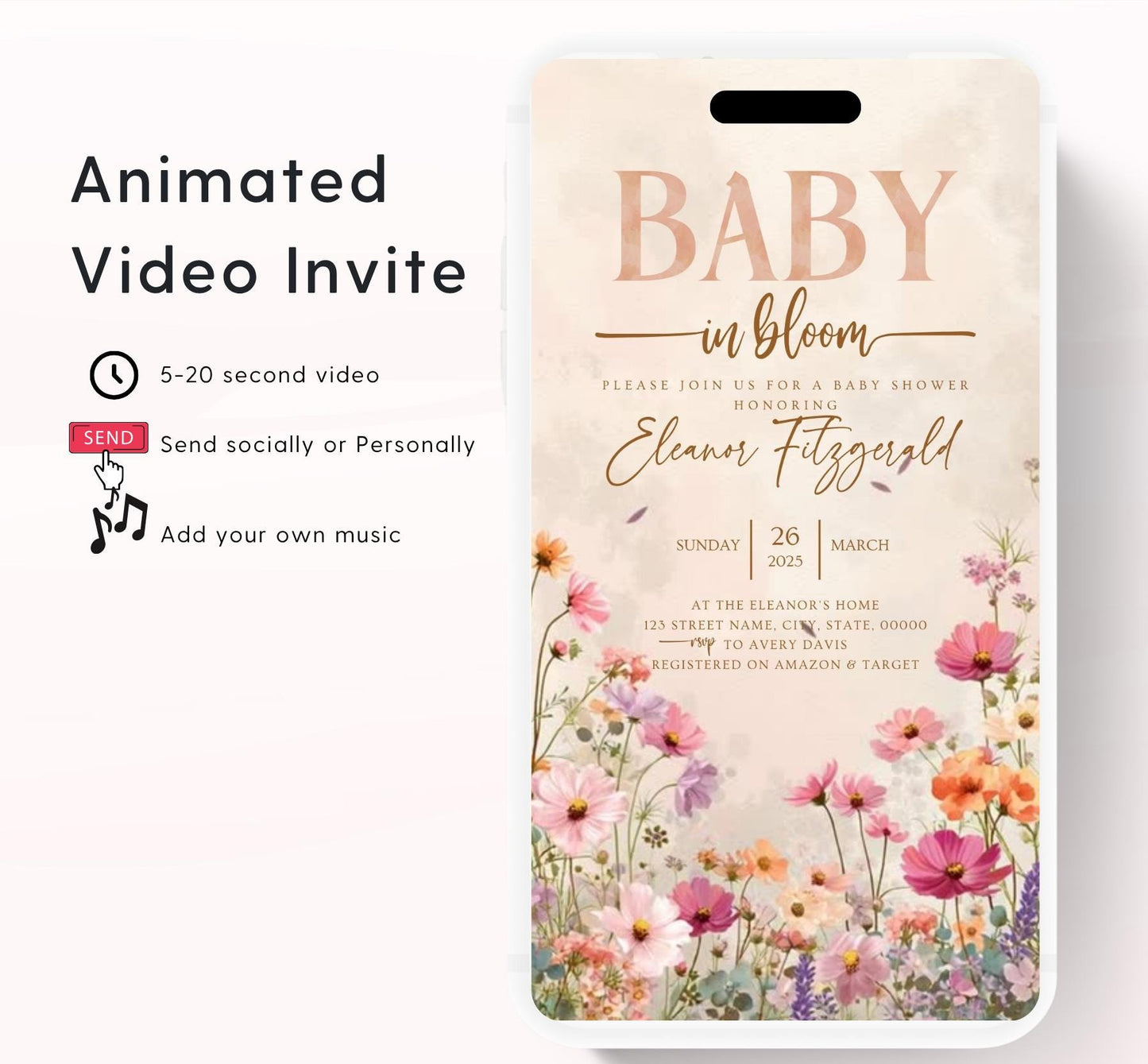 Boho Baby Shower Invitation, Boho Floral Baby Shower, Baby in bloom Baby Shower Invite, pampas Invitation, Boho Baby Invitation Animated-5