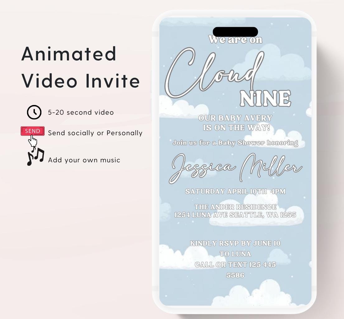 Video On Cloud 9 Baby Shower Invitation Blue Cloud Nine Boy Shower Invite We're on Cloud Nine Party Invite Printable Animated