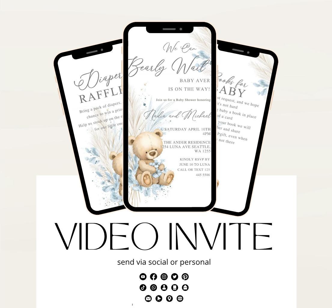 Teddy Bear Baby Shower Invitation We Can Bearly Wait Invite Boho Bohemian Blue Pampas Grass Teddy Bear Template Boy Animated video- 1