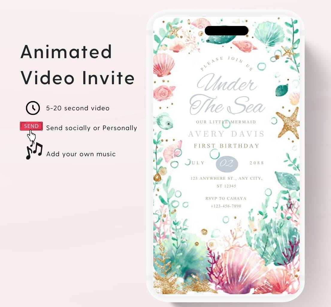 Animated Under The Sea Birthday Invitation, Editable Ocean Animals Party Invite, Magical Sea Life Invitation Sea Beach birthday invite-1