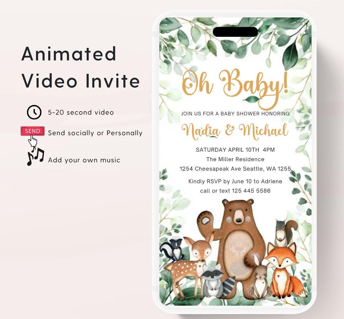Animated Woodland Baby Shower Invitation, Boy Woodland Baby Shower Invite, Woodland Animals Baby Shower, Greenery Woodland-1