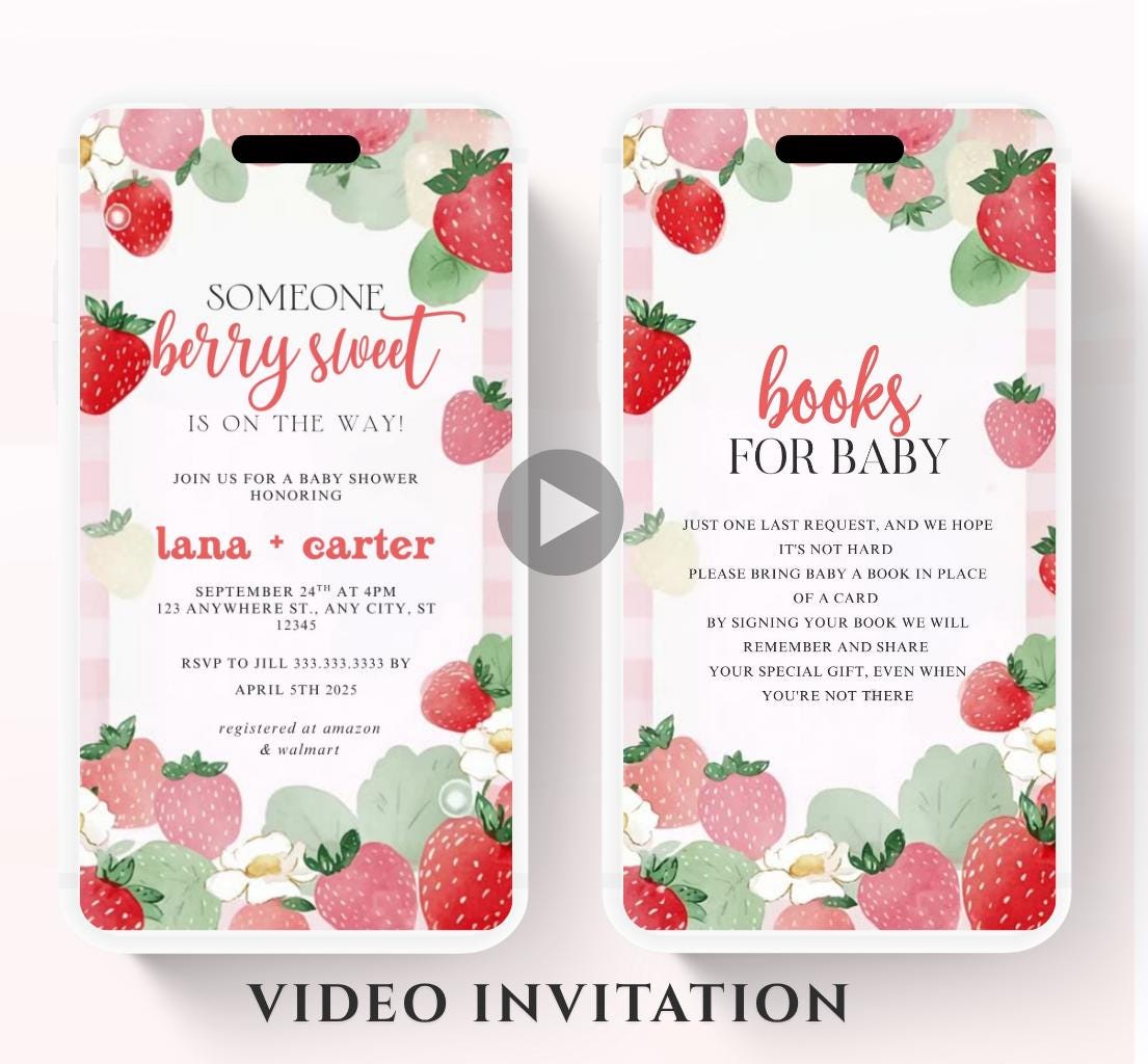 Animated Berry Baby Shower Invitation , Berry Sweet Invite Baby Shower Strawberries berries Minimal Girl Baby Shower Blush Pink Strawberry-2