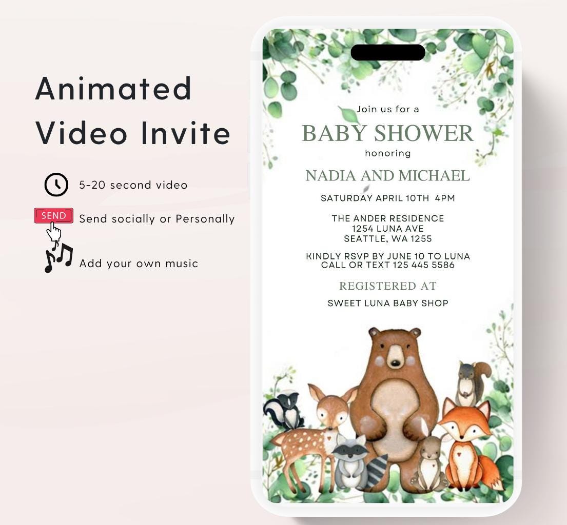 Animated Woodland Baby Shower Invitation, Boy Woodland Baby Shower Invite, Woodland Animals Baby Shower, Greenery Woodland-1