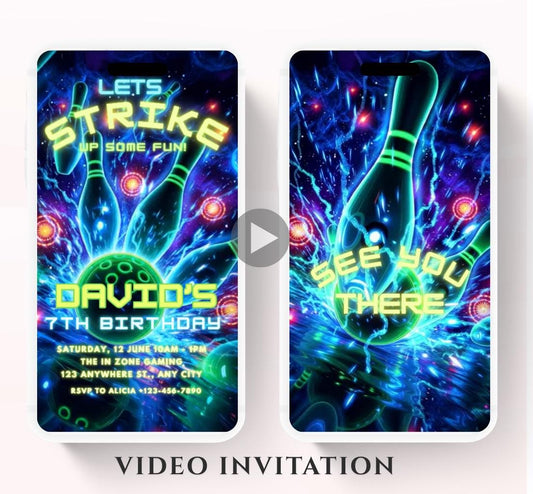 Video Bowling Birthday Invitation, Glow Bowling Invitation, Neon Bowling Party, Boy Bowling Invite, Glow Invite, Strike Up Some Fun-2