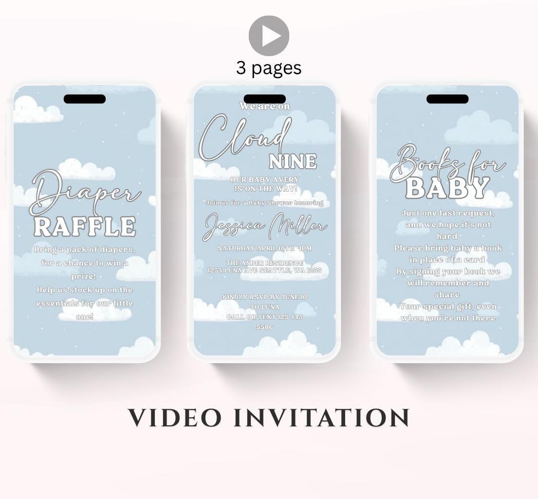 Video On Cloud 9 Baby Shower Invitation Blue Cloud Nine Boy Shower Invite We're on Cloud Nine Party Invite Printable Animated